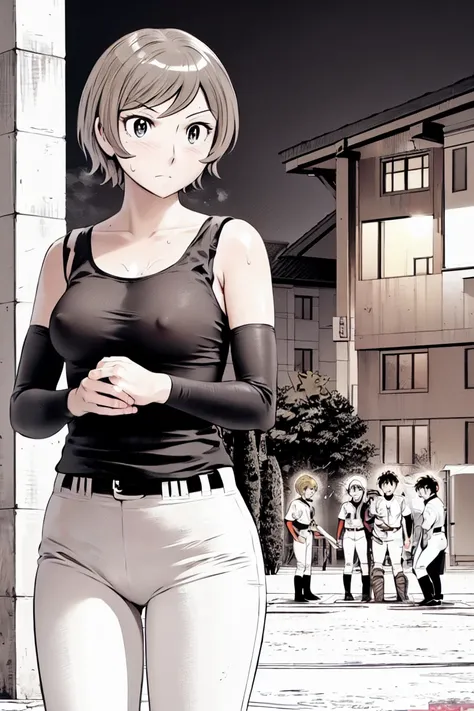 (野球uniform:1.2),
blonde, (short hair:1.2),Long sleeve, Black Shirt, White trousers、uniform、Black belt、((Illustration of people))、Tank top、
View your viewers,, (Highest quality:1.3),One Girl, White pants、uniform、Outdoor、baseball ground、ground、soil、blue eyes...