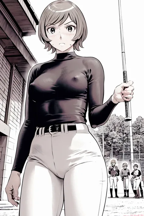 (野球uniform:1.2),
blonde, (short hair:1.2),Long sleeve, Black Shirt, White trousers、uniform、Black belt、((Illustration of people))、Tank top、
View your viewers,, (Highest quality:1.3),One Girl, White pants、uniform、Outdoor、baseball ground、ground、soil、blue eyes...