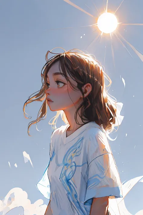 One Girl, Brown eyes, Brown Hair, Midsummer,Light of the sun，iceクリーム， Long-tailed , look up, Long Hair, profile, ice, Short sleeve，alone,  ((masterpiece