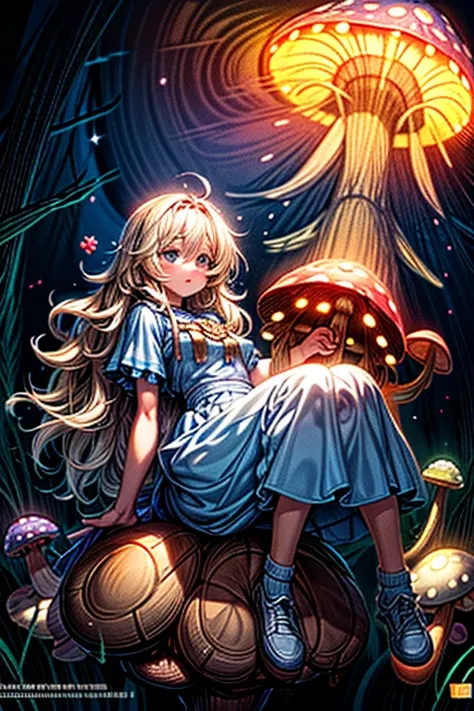 (masterpiece, top quality, best quality), pixel,pixel art, beautiful blonde woman with big messy hair, Alice in Wonderland, holding a glowing mushroom in her hands with colorful stars, sitting on a giant glowing mushroom 
 