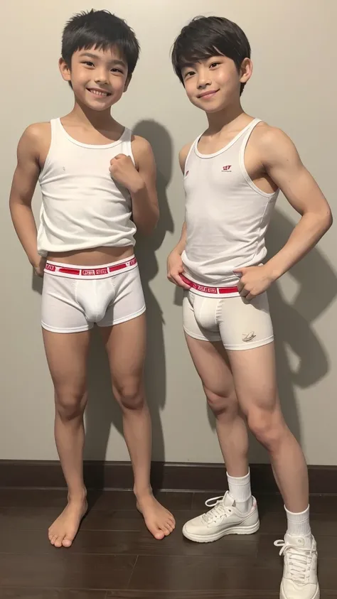 Two Japanese boys、12 years old、Both of them are very short、Slightly developed muscles and smooth skin、Sporty Very Short Hair、A friendly smile with an open mouth、Vigorous fist pump and short limbs、Child-like impression、Light colored boxer briefs、Pose your m...