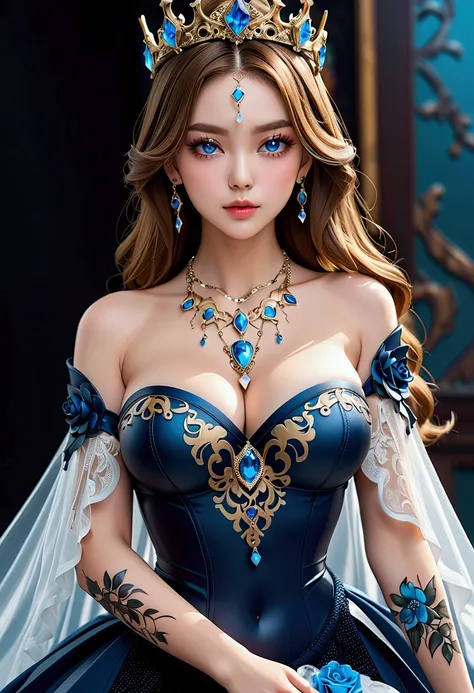 Best image quality，Maximum resolution，8K，20 year old girl，The eyes are very detailed，Large Breasts，Elegance and nobility，Translucent lace，Fair and plump figure，Pretty Face，Glossy Gel Coat，Crystal Gem Crown，Necklace jewelry，blue eyes，((Full body tattoo))，Th...