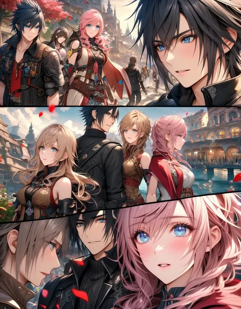 Ultra detailed, HDR, Highres, absurdres, master piece, Claire Farron, wavy pink short hair, expressive aqua pale eyes, Lightning Farron, Final Fantasy XIII, Noctis Lucis Caelum, black hair, expressive blue eyes, Final Fantasy XV, a beautiful woman together...