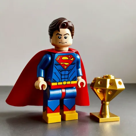 A photo of a golden Lego like Superman toy, plastic, mini