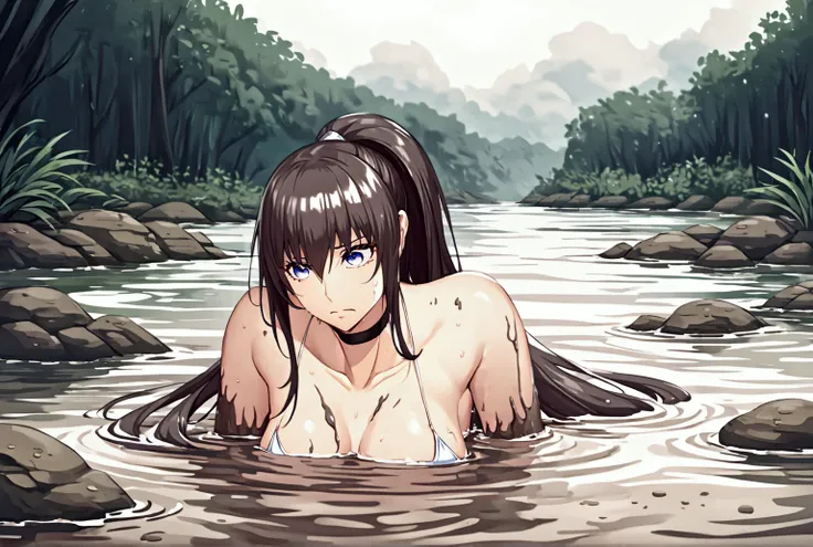 Woman drowning in a swamp,Muddy River, riverbed, cloudy, Uneasy atmosphere,Painful face,ponytail,