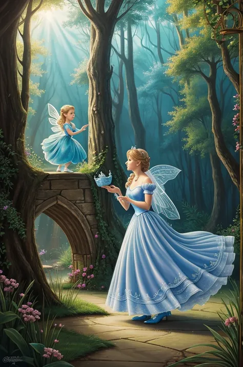 Create an illustration of a magical fairy talking to Cinderella