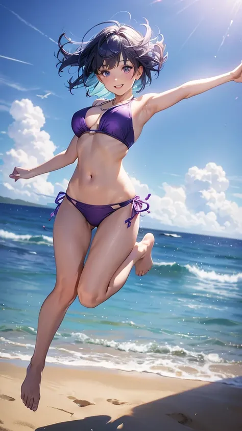 1girl, solo, bangs, blue hair, necklace, parted lips, purple eyes, short hair, smile, solo, two piece purple swimsuit, sandy pier background, jumping in the air, full body portrait