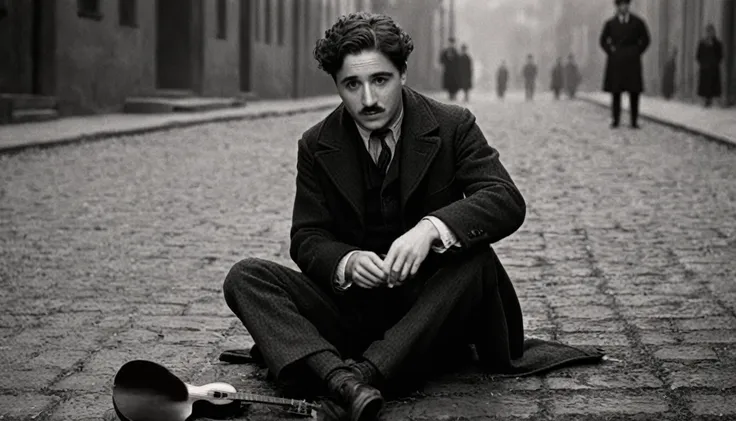 cinematic film still of  in the 1930's charles chaplin tocando ukulelê; a man sitting on the ground wearing a ha and coat,standi...