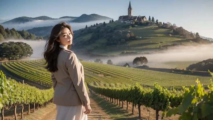 Woman in a beautiful landscape 8K highest quality, Beautiful 36-year-old Korean woman, Chest size 34 inches, Passing through the vineyards in the Swiss countryside, the cathedral is visible through the early morning fog., The back background is realistic a...