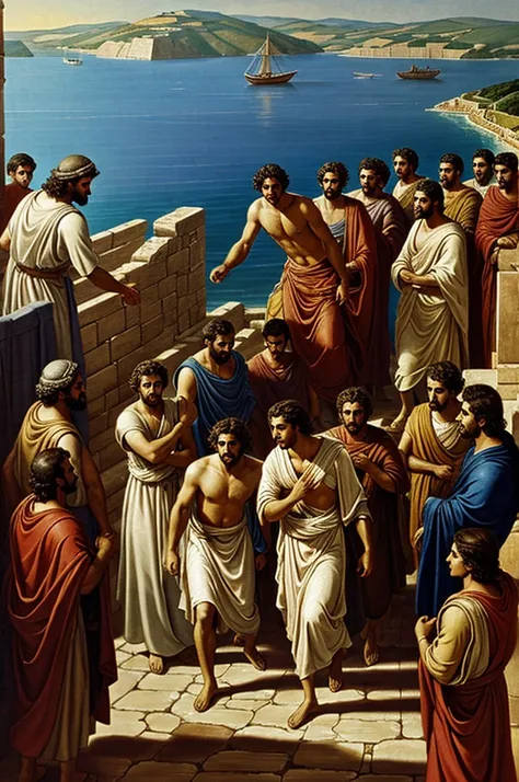 Telemachus arrives at Pylos, Nestor&#39;s city, on a boat where people are seen on the shore sacrificing black bulls 