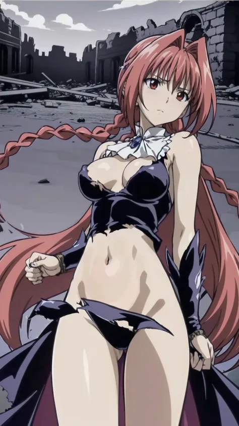 masterpiece, Highest quality,High resolution,Dorothy, Redhead,Red eyes, Have,dress,Braiding, black dress,One side of the dress is torn at the chest、Dust cloud、tits、Nipples fully visible、receive damage from an attack、anime、((Battle scene in the ruins))、blus...