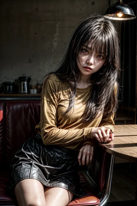 1 girl, red shirt, black skirt, cafe table, sunrise, black hair, straight hair, yellow eyes, solo, sitting on chair, looking at viewer, dramatic lighting, coffee on table