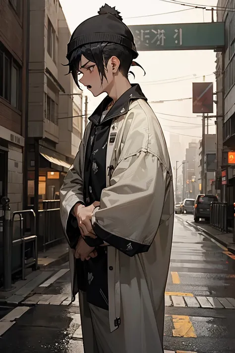 1 male, Faded Undercut Hair, Black Hair, Yawn, tired,Downcast , Pajama hats, Urban Background, Detailed Background, Hands at your side, standing on the path, at night