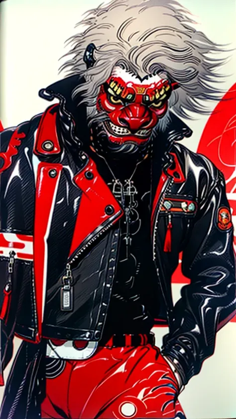 lion dance　whole body　cyber punk　 Japan　　Leather jacket　Gray Hair　AKIRA 　male　Fantasy