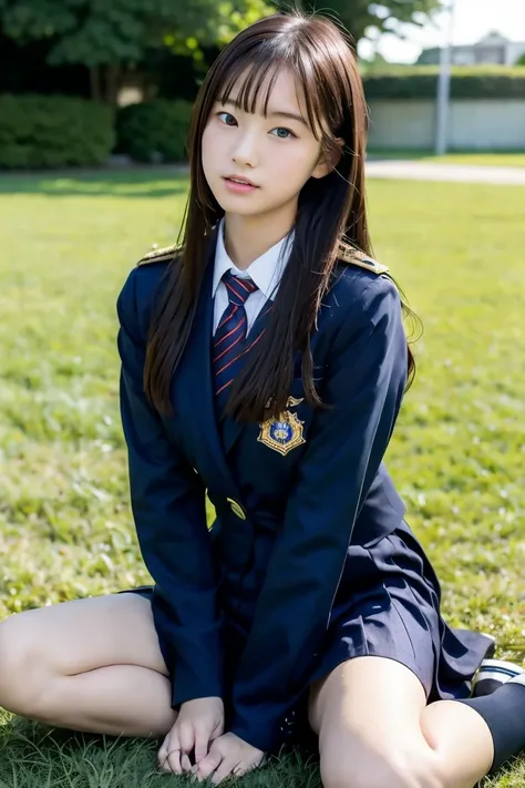 Japanese high school girls、In uniform、Sitting on the grass