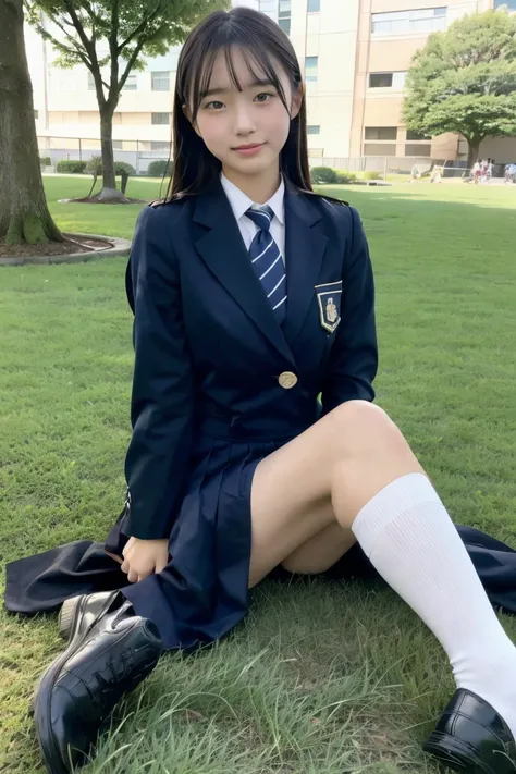 Japanese high school girls、In uniform、Sitting on the grass