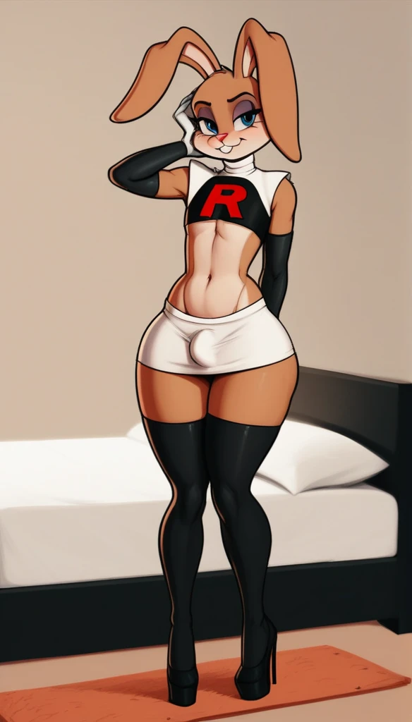 furry, Bugs Bunny, crossdresser, bedroom, fat ass, wide hips, curvy male, voluptuos, stand, full body, masterpiece, ultra high quality, detailed face, detailed hands, detailed body, heels, by fluffedwings, by blackwhiplash, sugestive, sexy, beatiful, shy s...