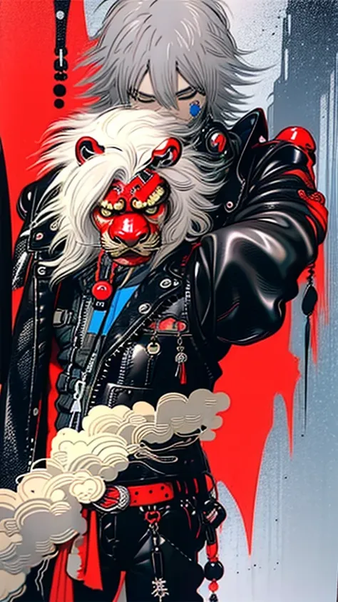 lion dance　whole body　cyber punk　 japan　　leather jacket　gray hair　　male　fantasy