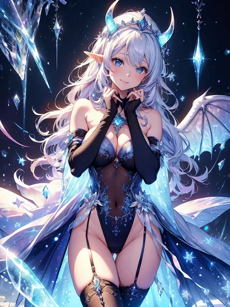 最high quality、最high quality、1 woman elf、Succubus、Stand against a wall(( cowboy shot ))((full body stocking))((see-through body stocking))、Lots of giant snowflakes、Beautiful eyes、tears、Raise your arms behind your head、Beautiful decoration、、Ice tiara、Beautif...