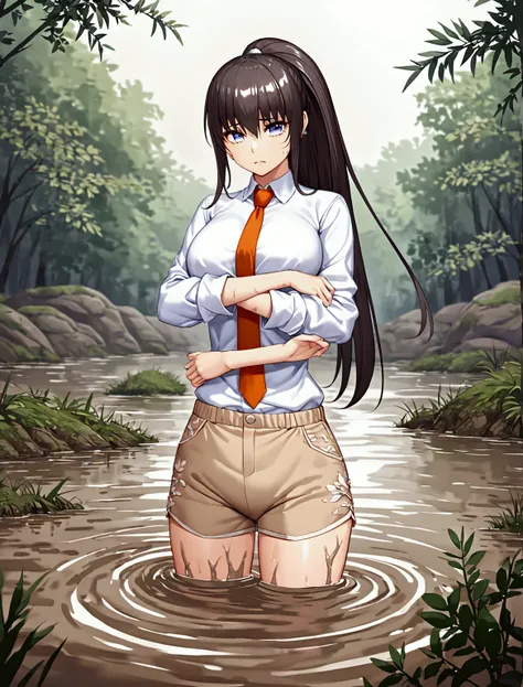 Woman drowning in a swamp,Muddy River, riverbed, cloudy, Uneasy atmosphere,Painful face,Beige shorts,ponytail,Tie your arms,