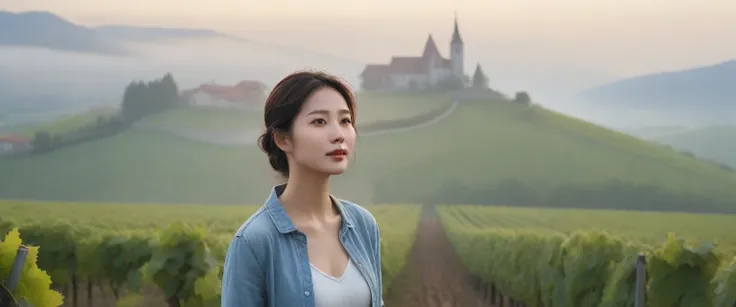 Woman in a beautiful landscape 8K highest quality, Beautiful 36-year-old Korean woman, Chest size 34 inches, Passing through the vineyards in the Swiss countryside, the cathedral is visible through the early morning fog., The back background is realistic a...