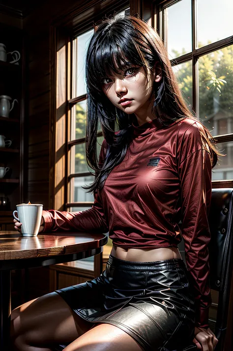 1 girl, red shirt, black skirt, cafe table, sunrise, black hair, straight hair, yellow eyes, solo, sitting on chair, looking at viewer, dramatic lighting, coffee on table