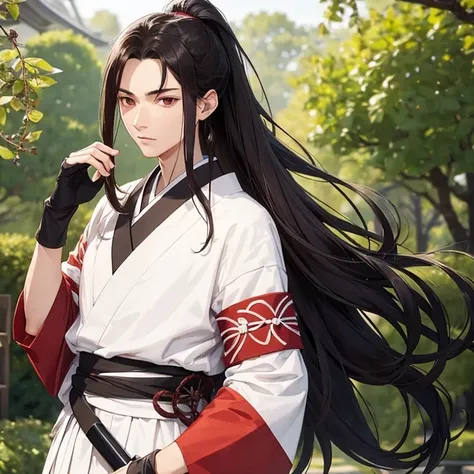 anime - style woman in white and red kimono with a sword, flowing hair and long robes, handsome guy in demon slayer art, anime girl with long hair, with his long black hair, anime style 4 k, detailed anime character art, anime tribal boy with long hair, an...