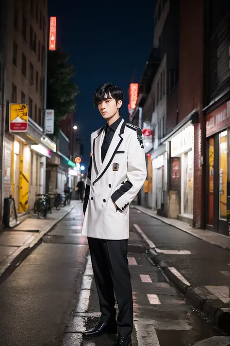 1 male, Medium Cut Hair, Black Hair, White skin, Listless,uniform,Urban Background, Detailed Background, Hands at your side, standing on the path, at night