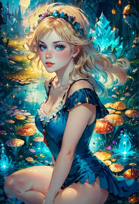 a beautiful 20 year old blonde woman with big messy hair in a blue dress, white stockings, black headband, cleavage, holding a glowing mushroom, fantasy art style, rossdraws cartoon vibrant, alice x. zhang, alice in wonderland cyberpunk, cute detailed digi...