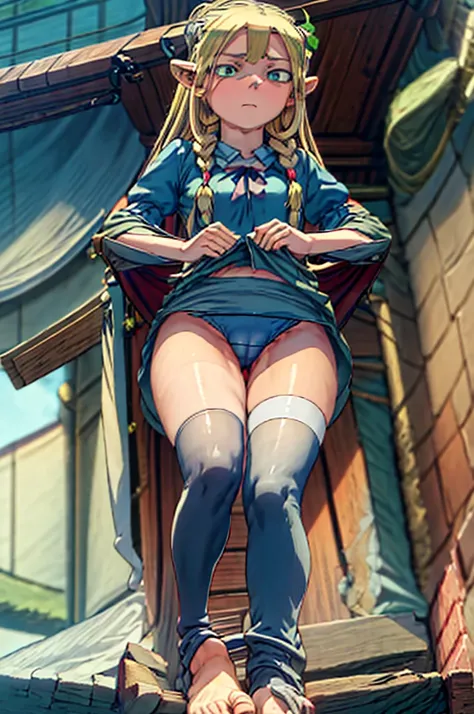 (masterpiece), best quality, expressive eyes, perfect face, Marcille Donato, dominant, from_below, smug, FFA, from below, leg up, sole, feet, looking at viewer, gym clothes, bloomers, baggy shirt