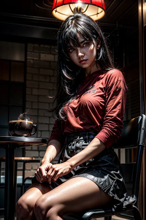 1 girl, red shirt, black skirt, cafe table, sunrise, black hair, straight hair, yellow eyes, solo, sitting on chair, looking at viewer, dramatic lighting, coffee on table