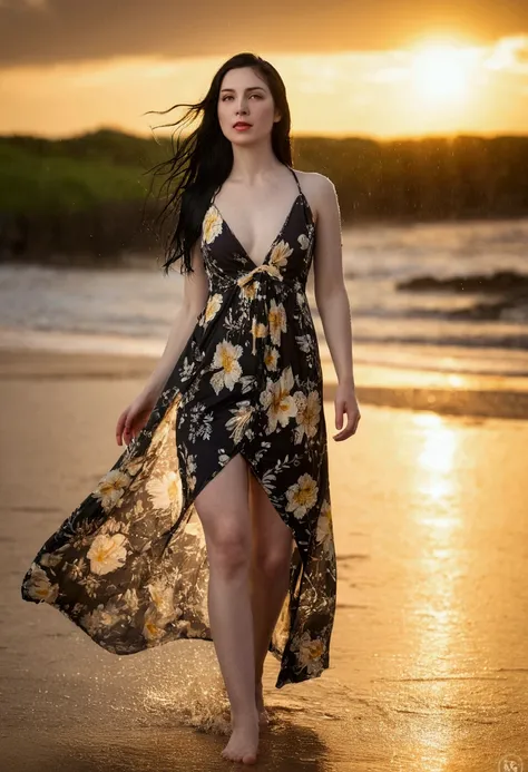 A full body shot of a sensual gorgeous pale skinned lady with beautiful flawless skin, ((no blemishes)) and long black hair. She is wearing a ultra short summer dress, floral. ((form fitting)), open gown design. She is standing wet in the rain on a beach l...