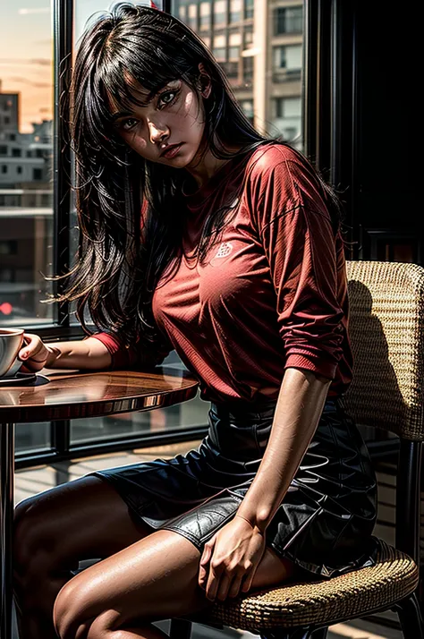 1 girl, red shirt, black skirt, cafe table, sunrise, black hair, straight hair, yellow eyes, solo, sitting on chair, looking at viewer, dramatic lighting, coffee on table