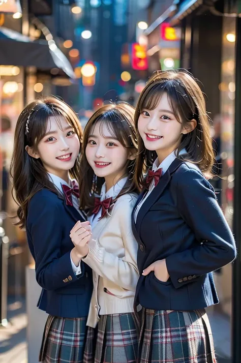 three beauties,3 girls, checked skirt, a bow tie, winter blazer uniform, smile, big laugh