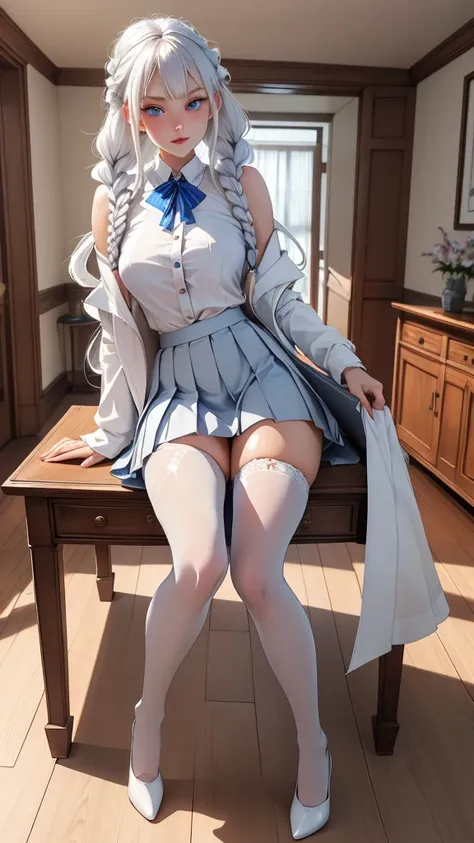 "1girl, incredibly detailed 8k cg, flawless model, mesmerizing idol, stunning face, ethereal beauty, pristine white hair, ring braids, captivating blue eyes,  Kakegurui ,  redblazer, white shirt, pleated grey skirt,  brown pantyhose, sat on desk  , full bo...