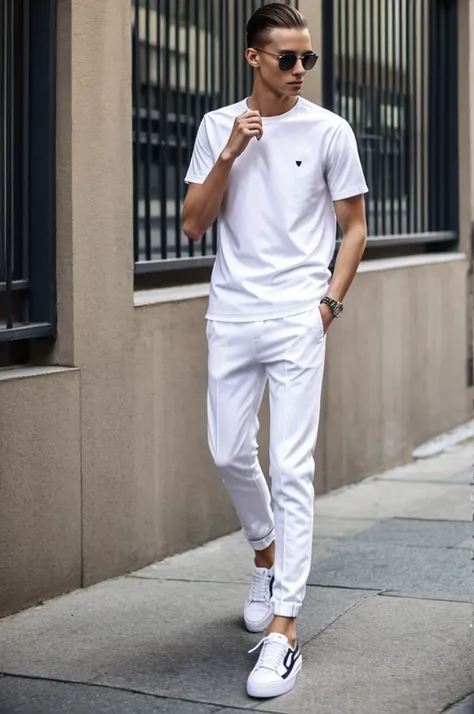 have jn outfit with pants and white sneakers for a thin man that looks cool