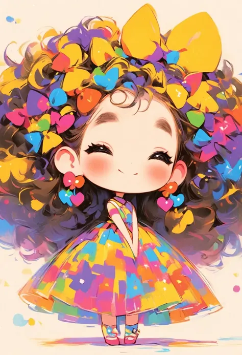 一位有着卷发和color毛衣的女孩在游乐园的画, colorful! character conception, cute的, bright colors，cute, cute的艺术风格, cute的 illustrations, cute卡通, cute...