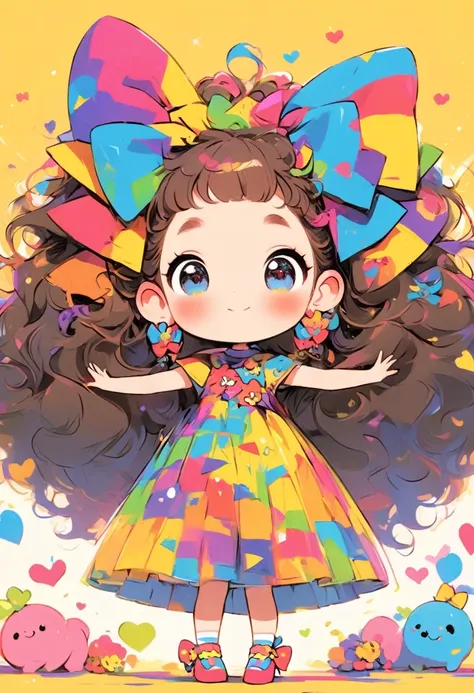 一位有着卷发和color毛衣的女孩在游乐园的画, colorful! character conception, cute的, bright colors，cute, cute的艺术风格, cute的 illustrations, cute卡通, cute...