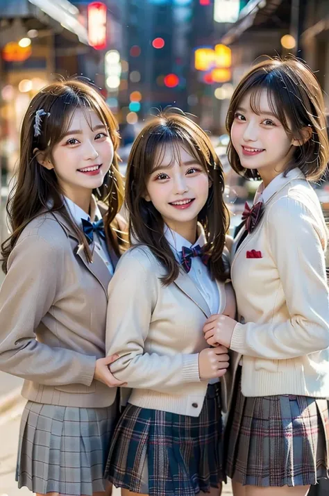 three beauties,3 girls, checked skirt, a bow tie, winter blazer uniform, smile, big laugh