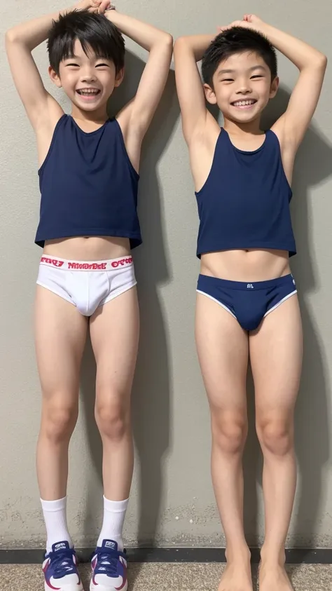 Two little Japanese boys、Both are 12 years old、Short limbs、They are short、Slightly toned muscles and smooth skin、Sporty Very Short Hair、Friendly and relaxed smile、Showing off colorful, tight boxer briefuscle development from an early age、Posing muscles at ...