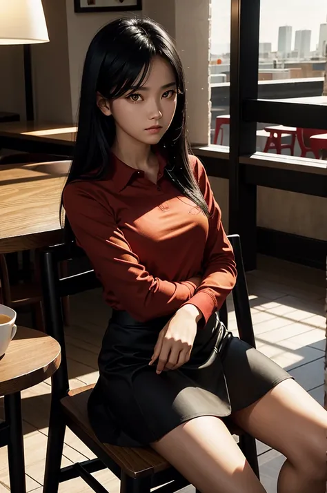 1 girl, red shirt, black skirt, cafe table, sunrise, black hair, straight hair, yellow eyes, solo, sitting on chair, looking at viewer, dramatic lighting, coffee on table