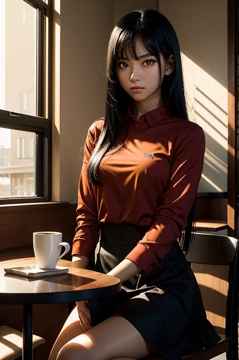 1 girl, red shirt, black skirt, cafe table, sunrise, black hair, straight hair, yellow eyes, solo, sitting on chair, looking at viewer, dramatic lighting, coffee on table