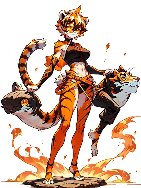 white background, full body, ((furry female:1.2)), Standing, animal ears, white hair, black hair, round eyewear, short hair, large breasts, muscle, tail, orange eyes, orange hair, multicolored hair, tiger girl, hair between eyes, tiger_ears, tiger_tail, or...