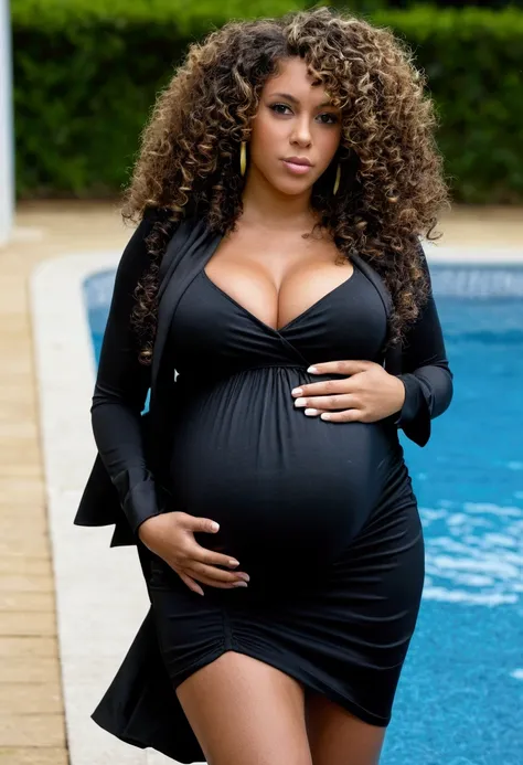 A beautiful and amazing black Brazilian woman，Portrait of the upper body，((huge breasts)), ((huge pregnant)), Kostenlose Lure, schwarzes curly hair, (dark, Shorter, curly hair), Wildes schwarzes langes curly hair, Multiversals Her, Brazilian, Kurzes schwar...