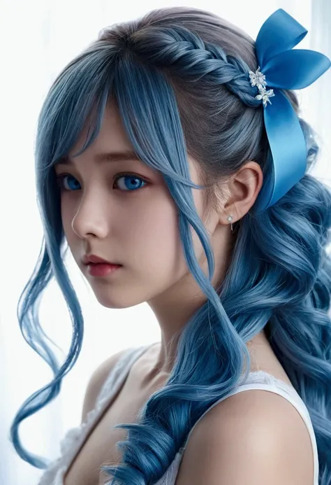 Light blue hair、Blue ribbon hair ornament、Blue eyes、Girl