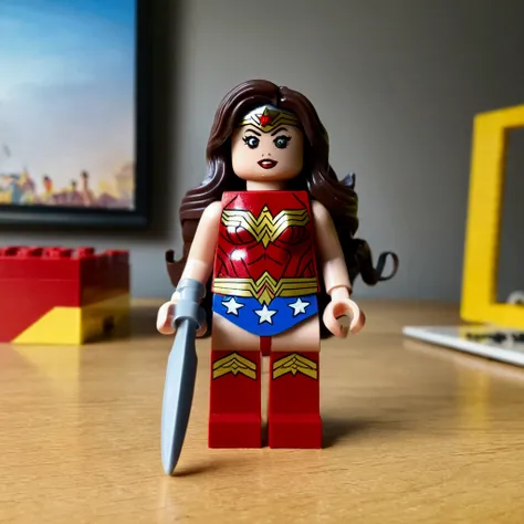 A photo of a lego like wonder woman toy, plastic, mini