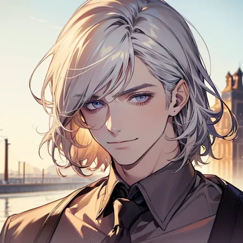 (realistic:1.37,best quality,4k,8k,highres,masterpiece:1.2),ultra-detailed,jovem,masculine Caucasian,deep purple eyes,gentle smile,simple clothing,school atmosphere,medium hair,white hair,slight smile.