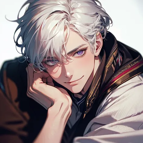 (realistic:1.37,best quality,4k,8k,highres,masterpiece:1.2),ultra-detailed,jovem,masculine Caucasian,deep purple eyes,gentle smile,simple clothing,school atmosphere,medium hair,white hair,slight smile.