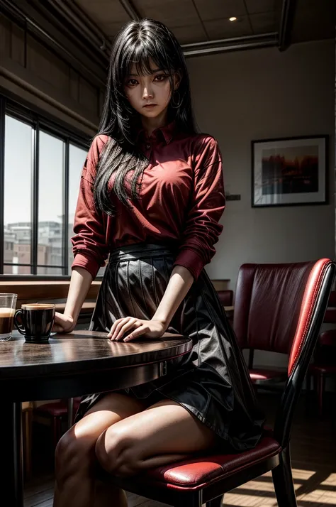 1 girl, red shirt, black skirt, cafe table, sunrise, black hair, straight hair, yellow eyes, solo, sitting on chair, looking at viewer, dramatic lighting, coffee on table