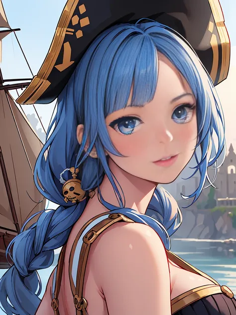 (masterpiece, 最high quality:1.4), (pirate ship), (From the back:1), (One girl), (alone), (head to waist photo) (European youth:1), Blue Hair (Fashion Hair:1.3), Nefertari Vivi from One Piece, hyperRealistic, Skin with attention to detail, Digital SLR, Soft...